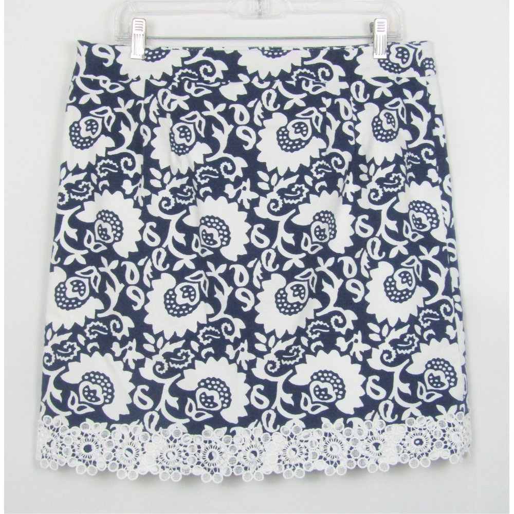 Talbots Lace Trimmed Short Skirt Size 12 Lined Navy White Floral
